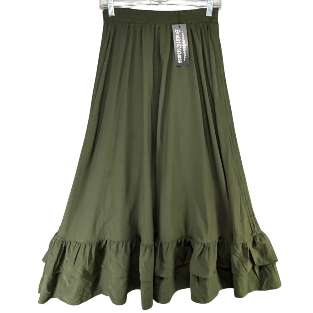 Scarlet Darkness Tiered Maxi Midi Skirt Olive Green Whimsygoth Steampunk Small